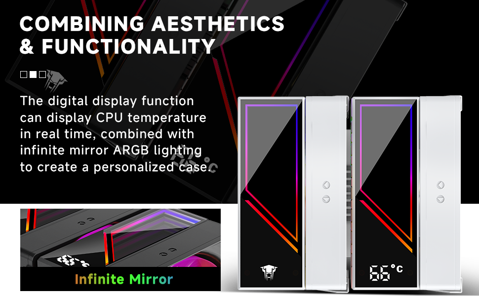 Computer case with digital display showing CPU temperature. Features infinite mirror ARGB lighting for personalization. Black and white color options with geometric design accents.