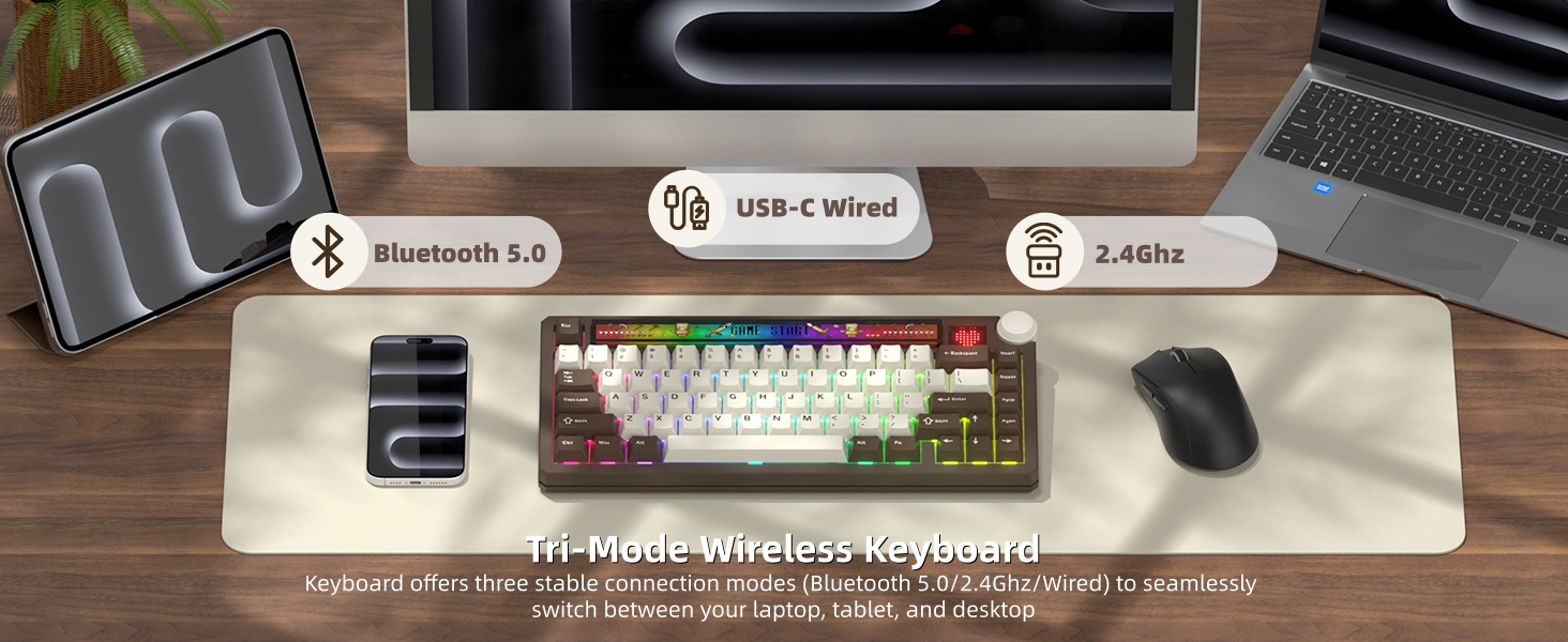 75% Mechanical Keyboard with Screen and Knob, Retro Creamy Wireless Gaming Keyboard Custom