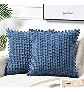 Fancy Homi Set of 2 Dusty Blue Decorative Throw Pillow Covers 18x18 Inch with Pom-poms for Couch ...