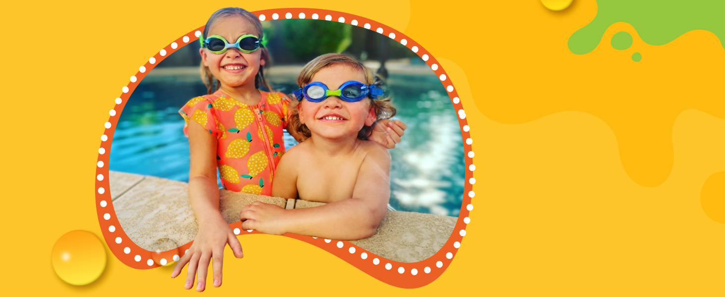 Two kids smiling by the pool wearing classic style comfortable swim goggles