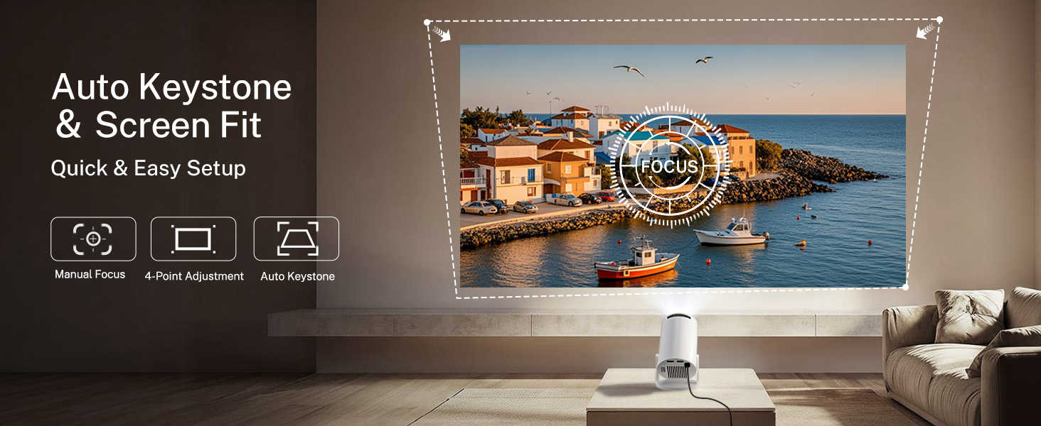 Text reads 'Auto Keystone &amp; Screen Fit Quick &amp; Easy Setup'. Home theater projector display showing coastal scene on wall. Icons indicate screen adjustment features.