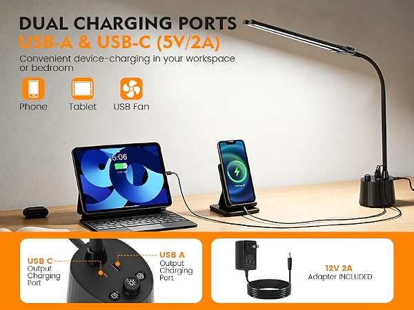 Desk Lamp with USB A+C Charging Ports, Desk Light for for Home Office Reading Light Table Lamp