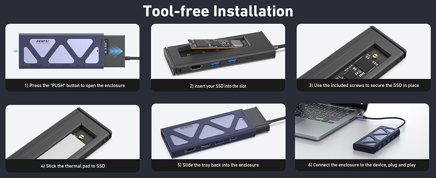 Text reads 'Tool-free Installation' followed by assembly sequence showing step-by-step process of putting together a product without requiring tools.