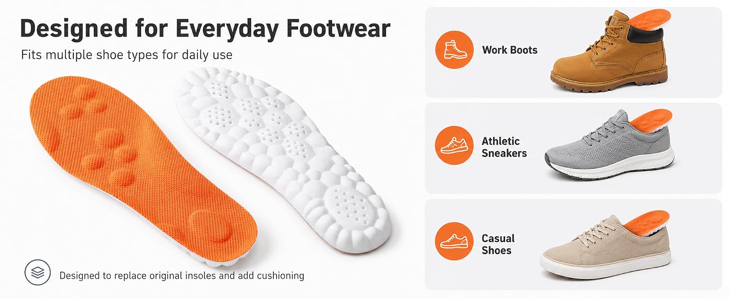 Orange PU insoles compatible with work boots, sneakers, and casual shoes