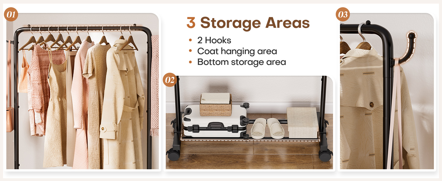 3 storage areas of garment rack