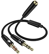 Headphone Mic Splitter for PC, Braided 3.5mm Female to 2 Dual Male Audio Adapter 2-in-1 Y Separat...