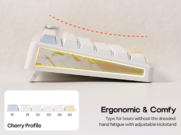 Text reads 'Ergonomic &amp; Comfy'. Technical diagram showing curved ergonomic design elements with measurement indicators and dotted guide lines.
