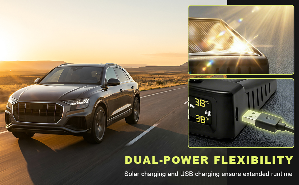 The monitor features dual charging options, including solar power and USB cable charging.
