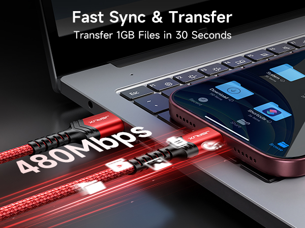 JSAUX USB C Cable: Fast 480Mbps data sync, transferring 1GB files in just 30 seconds.