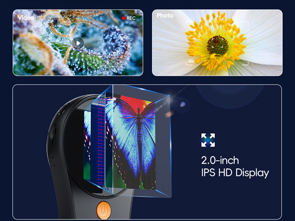 Device display showcasing three images: frost on glass, a yellow flower, and a blue butterfly. Text indicates a 2.0-inch IPS HD Display feature.