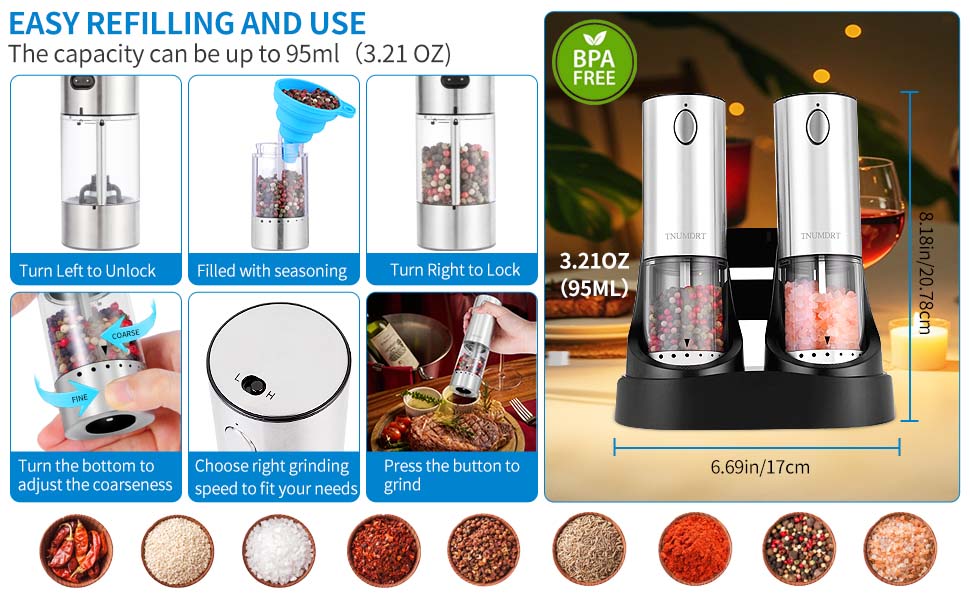 Electric Salt and Pepper Grinder Set is easy to fill and use