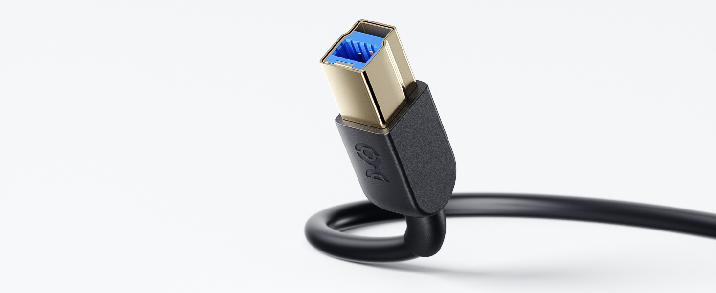 durable and flexible usb-c to usb-b cable with molded strain relief for frequent use