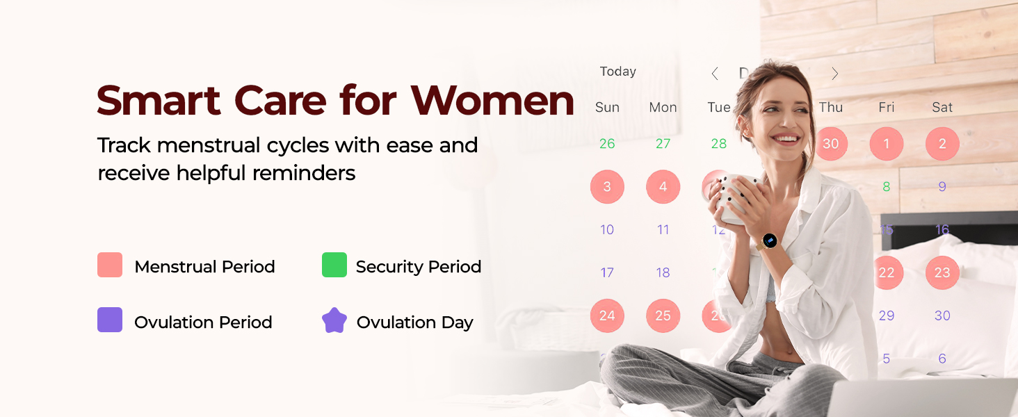 Women&amp;#39;s health tracker smart watch featuring menstrual cycle tracking and period reminders