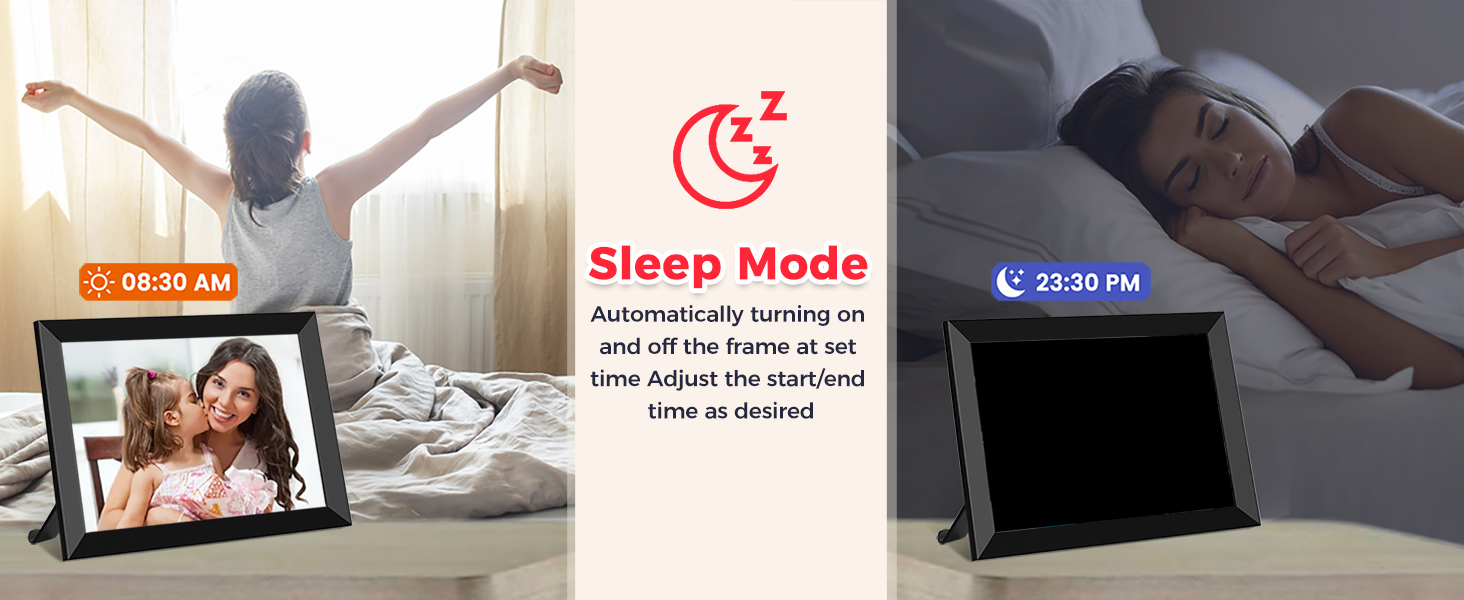 digital photo frame has sleep mode, auto on/off at set time show photos by day and savienerby night