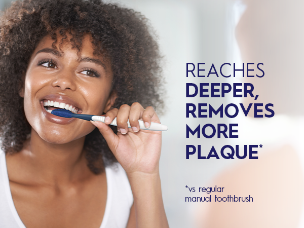 Happy woman, brushing teeth in mirror. Reaches deeper, removes more plaque.