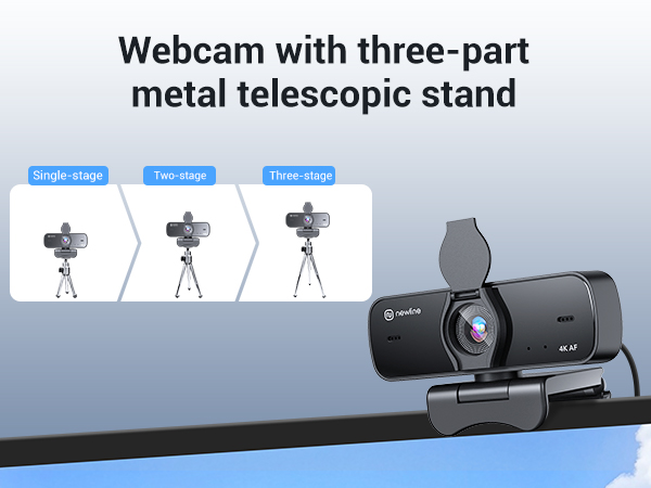 Black webcam with 4K label, shown with three-part metal telescopic stand. Diagram illustrates single, two, and three-stage stand configurations. Webcam features wide-angle lens and clip-on design.