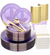 DaYammi 175PCS Clear Purple and Gold Plastic Dinnerware Set for Party, Hammered Disposable Plates...