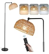 Floor Lamp with Remote, Rope Standing Lamps with LED Bulb, Boho Farmhouse Tall Pole Lamp with 3 C...