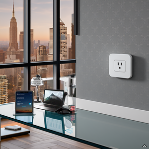 A modern, minimalist desk with the product plugged in and charging various devices.