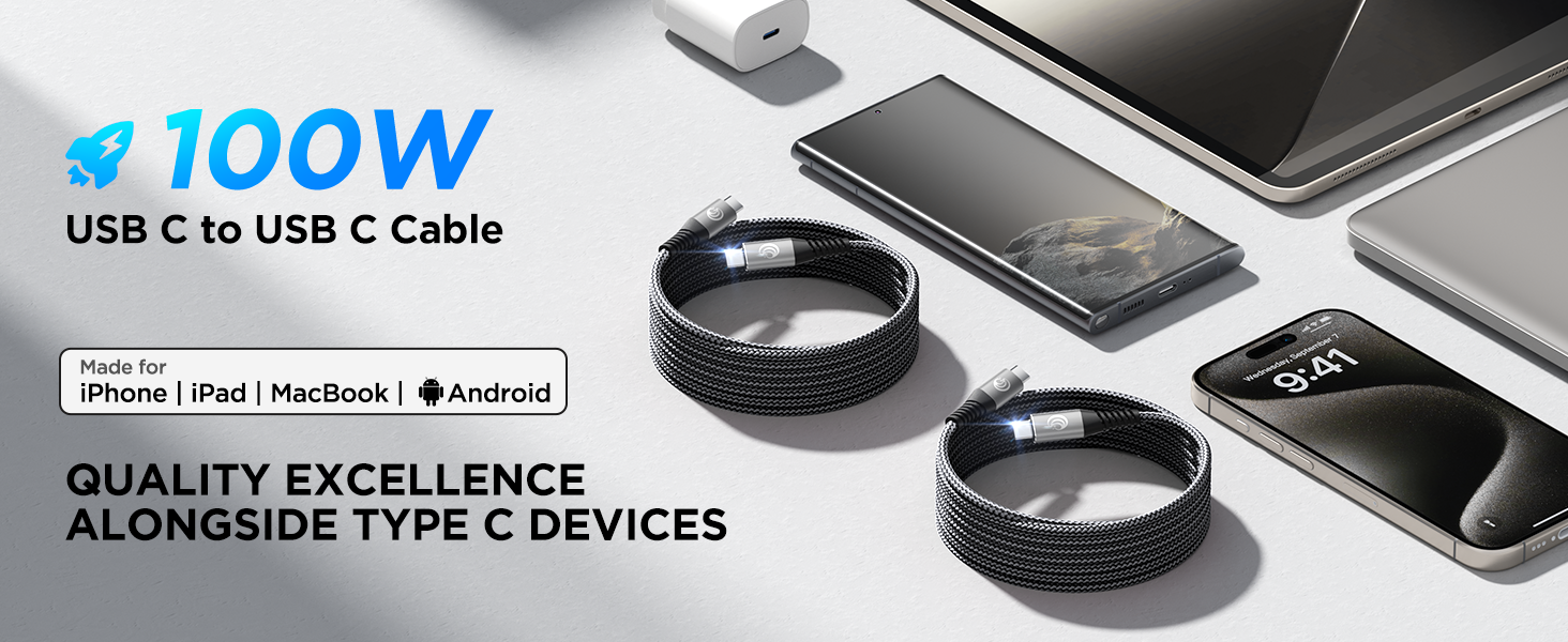 USBC to USBC 100W [10ft/2 Pack] USB C to USB C Fast Charging Cable Braided C to C Charger Cord 5A