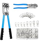 HKS Battery Cable Lug Crimping Tool 10-1 AWG with Cutter &amp; 60Pcs Copper Ring Terminals 8 Sizes Ca...