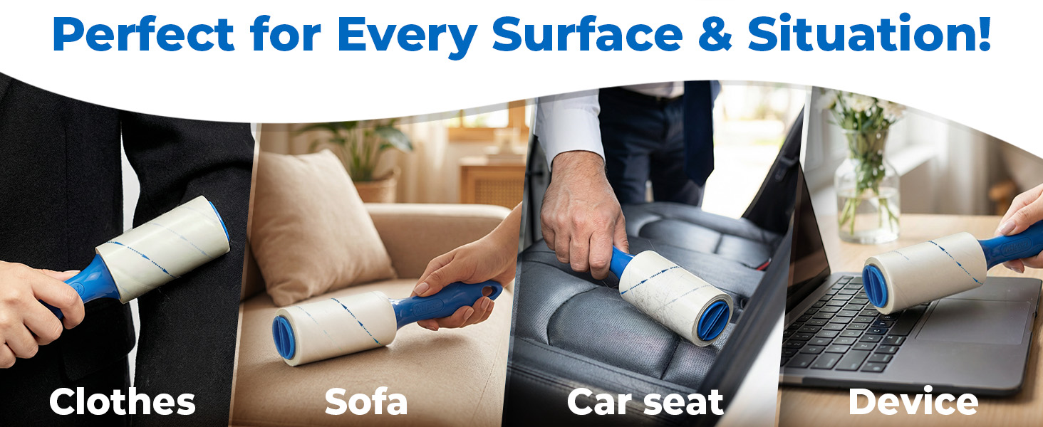 Pet hair lint roller used on clothes, sofa, car seat and laptop.