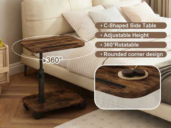 C-Shaped Side Table Adjustable Height 360Rotatable Rounded corner design