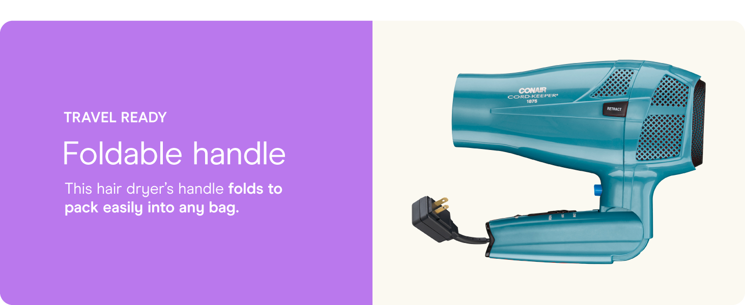 Conair small, mini, and compact hair dryer for travel. Handle folds for easy storage.