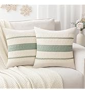 Laolitou Set of 2 Boho Throw Pillow Covers 18×18, Rustic Farmhouse Cotton Linen Soft Sage Green D...