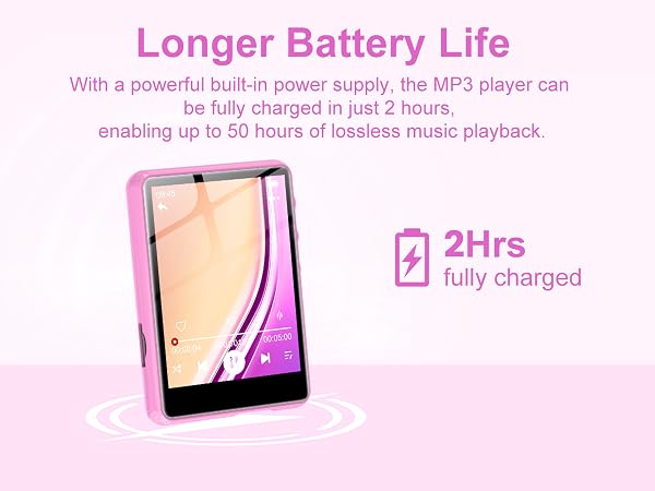 Pink MP3 player with long battery life, featuring 2-hour full charge and 50 hours of playback. Device shown as rectangular touchscreen with music interface.