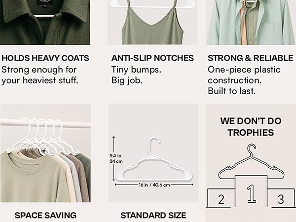 Heavy duty plastic coat hangers holds heavy coats anti-slip notches one-piece slim space saving