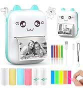 HuiJuKeJi Mini Sticker Printer Cat Bluetooth Smart Pocket Inkless Thermal Printer with 7 Rolls Th...