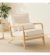 Karl home Mid Century Modern Accent Chair with Lumbar Pillow &amp; Oak Arms – Plush Linen Fabric Livi...