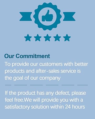 Blue customer commitment card with thumbs up icon, five stars, and text describing the company's commitment to customer service and product quality.