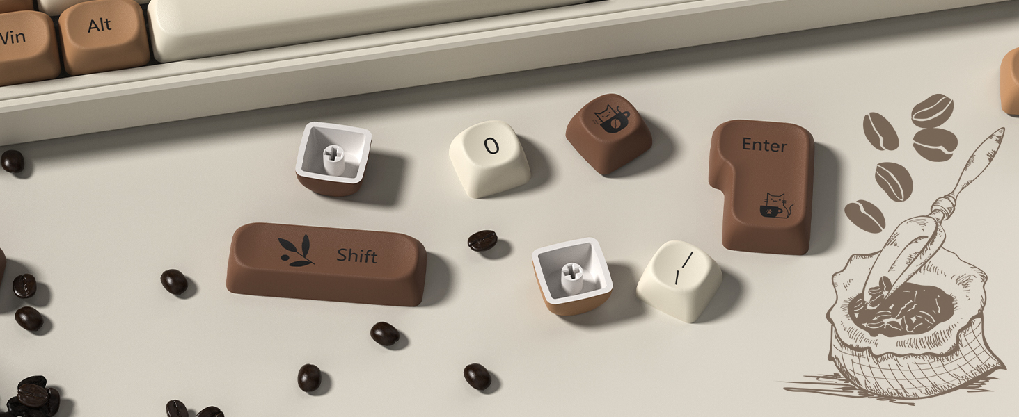 Cute Brown PBT Keycap Set,Coffee cat MOA Profile Keycaps 60 75 100 Percent,Dye-Sub