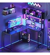 Small Black L Shaped Gaming Desk with Hutch , 47 Inch Corner Gaming Desk with Storage Shelves for...