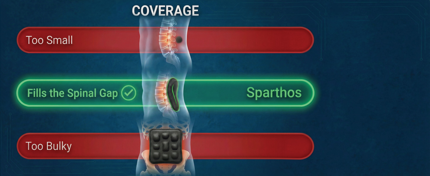 Spinal gap coverage comparison showing Sparthos lower back brace pad fitting the natural spine curve