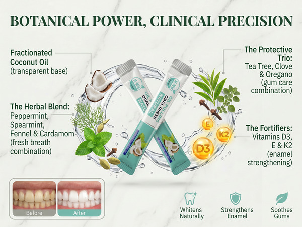 M-MW Natural Oil Pulling Rinse: Whitens teeth, strengthens enamel, and soothes gums.