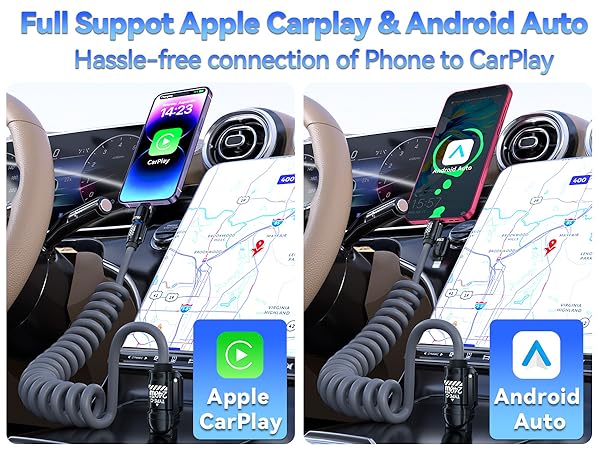 Text reads 'Full Support Apple CarPlay &amp; Android Auto' and 'Hassle-free connection of Phone to CarPlay'. Series of navigation interface screenshots showing CarPlay and Android Auto integration in vehicle display.