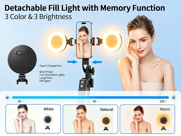 Text reads "Detachable Fill Light with Memory Function" and "3 Color &amp; 3 Brightness". Spherical black light with tripod showing three color options (white, natural, warm) and woman demonstrating facial lighting application.