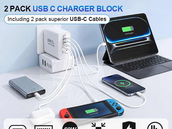2 Pack usb c charger block, including 2 pack superior usbc cables