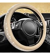 CAR PASS Bling Diamond Beige Leather Steering Wheel Cover, White Sparkly Crystal Glitter Rhinest...