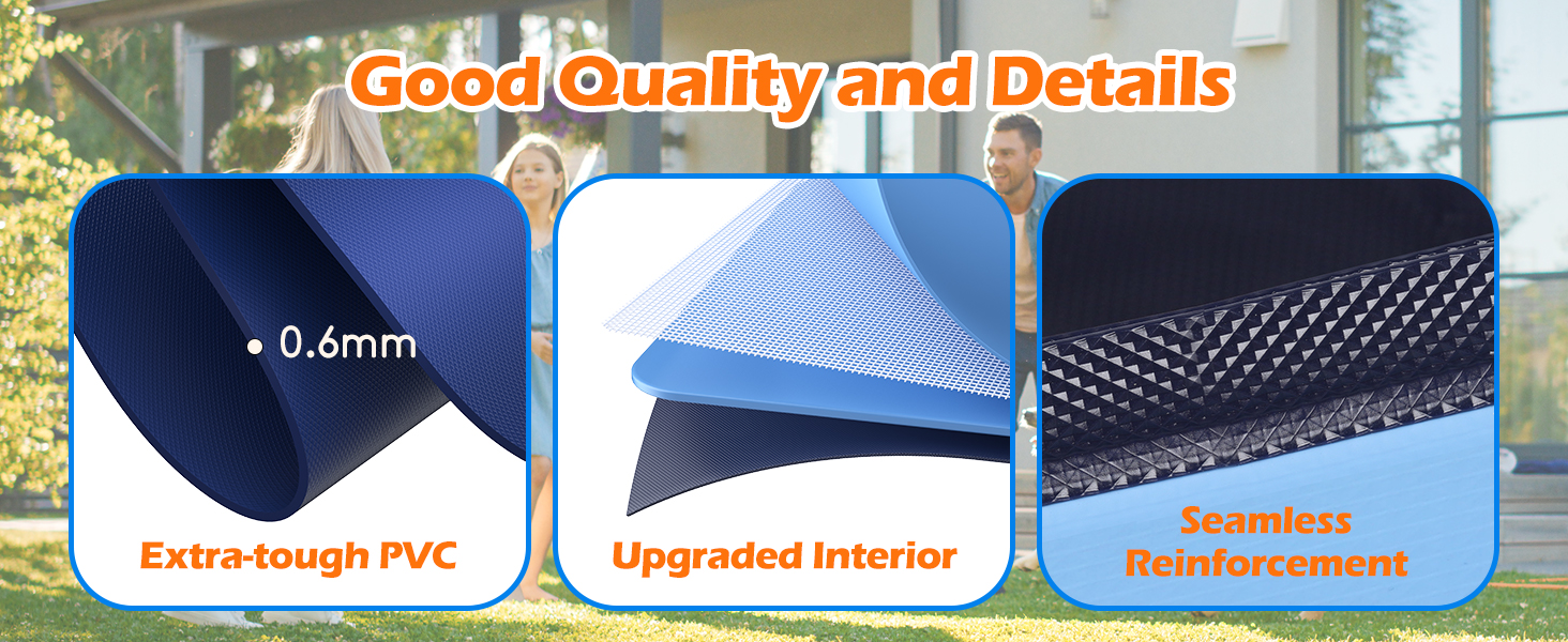 Three-panel product feature display for a blue material: 0.6mm extra-tough PVC, upgraded interior with wavy pattern, and seamless reinforcement with lattice structure.
