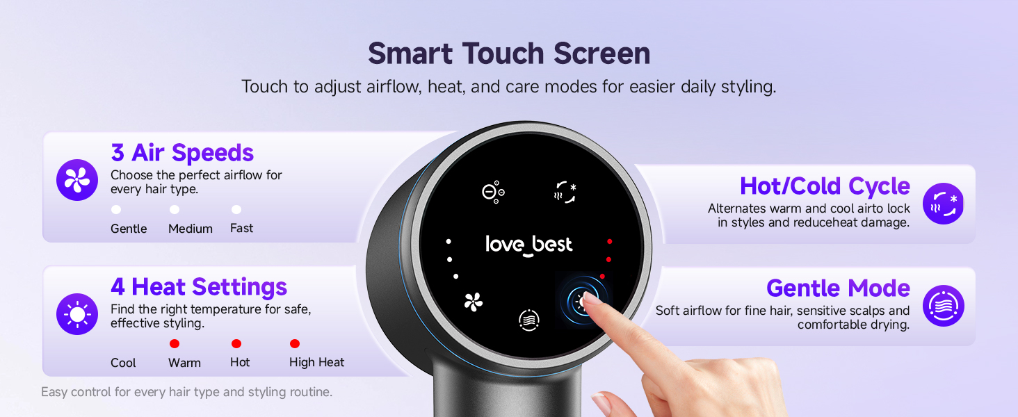 Smart touch control with 3 speeds, 4 heat settings, and cold cycle