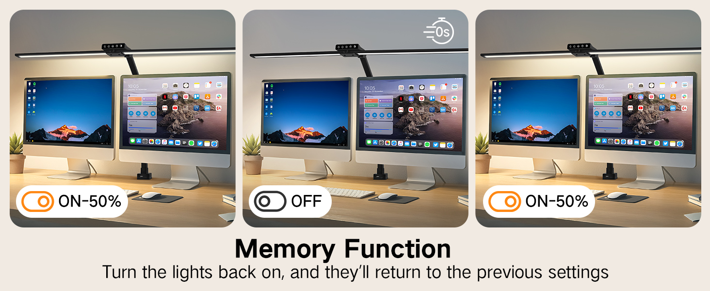 Text reads 'Memory Function'. Sequential images showing monitor display settings with 'ON-50%' and 'OFF' indicators, demonstrating light control functionality.