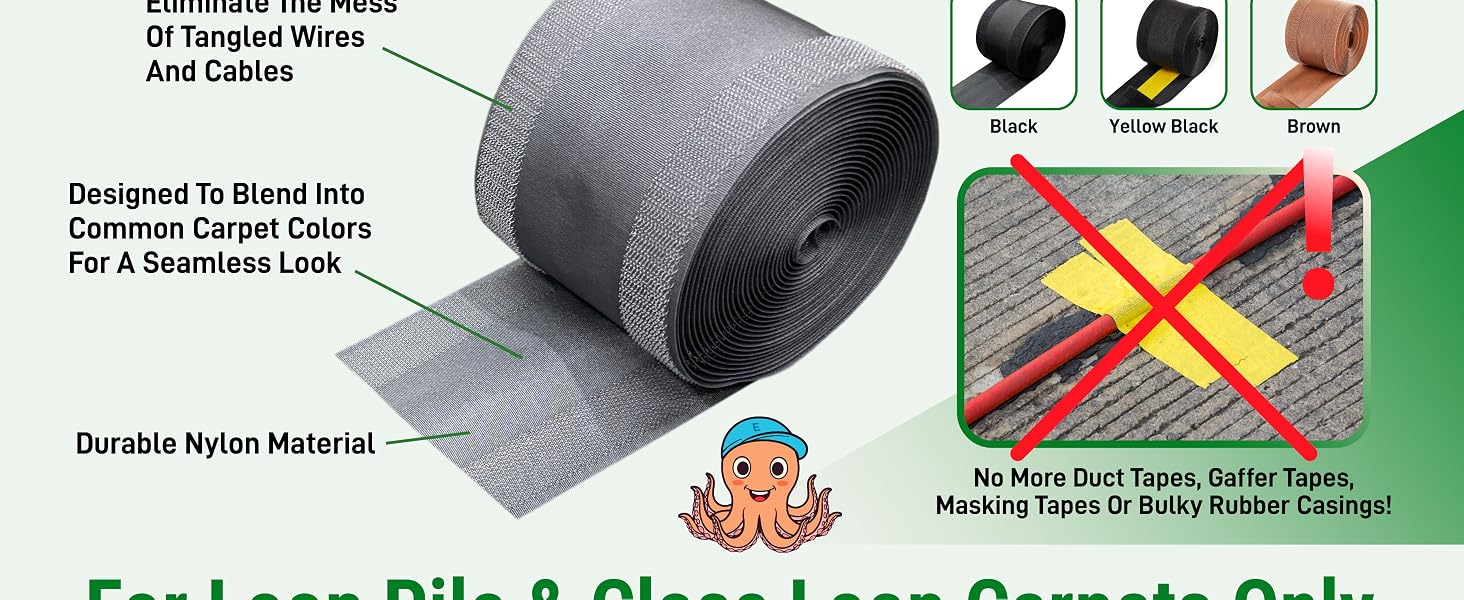 Easy to install carpet cable cover using hook and loop grip, cut to fit as needed