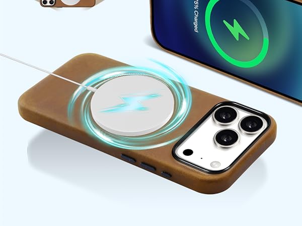 Multiple views of a wireless charging pad with wooden base and illuminated circular charging surface, shown with mobile devices.