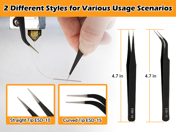 3D Printing Nozzle Cleaning Kit contains both curved and straight tip tweezers.
