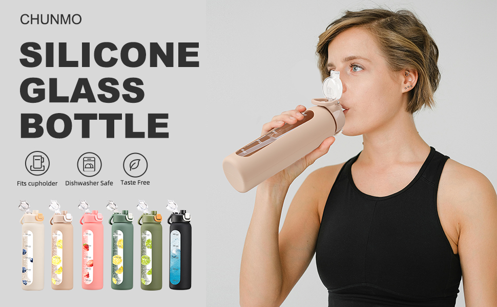 32 oz glass water bottle with straw time marker shaker motivational silicone sleeve