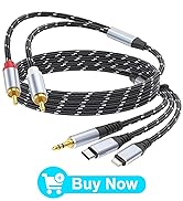 Audio adapter cable with braided black and white nylon covering, featuring 3.5mm jack connector and dual RCA plugs plus USB-C connections.